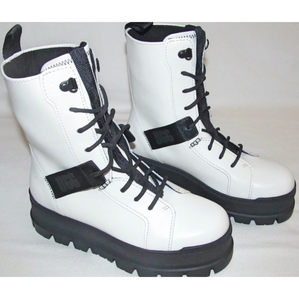 New UGG Sheena White Platform Lace Up Combat Lug Sole Boots Womens Size 6